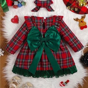 Baby Girl Tartan Print Ruffle Trim Dress & Headband